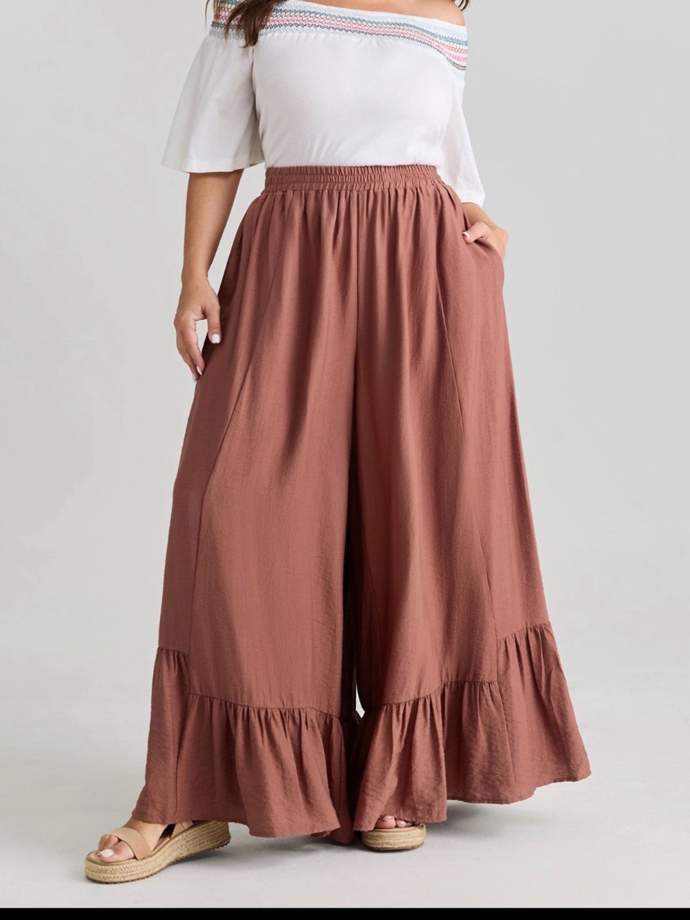 Wide Leg Ruffle Hem Pants w/ Pockets in Rust - Picture 1 of 11